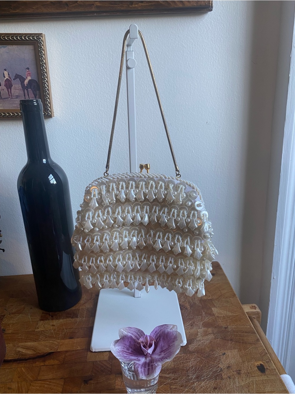Pearl-Embellished Cream Evening Clutch with Gold Chain - Picture 2 of 3